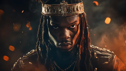 Regal warrior stares through embers in dramatic firelit portrait.