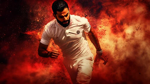 Cricket player sprints through fiery explosion of color.