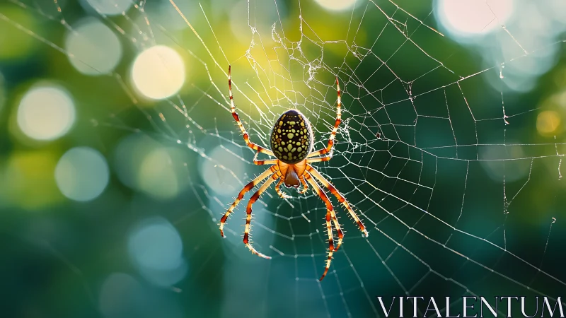 Sunlit jewel spider poised in a dewy emerald web.