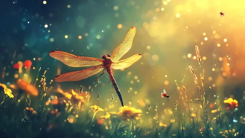 Backlit dragonfly hovers over meadow in luminous bokeh haze