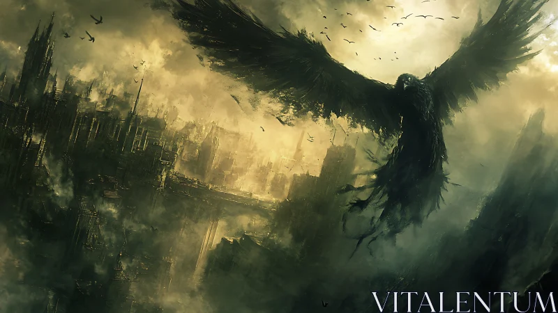 Shadowwing guardian erupts over a drowning ruin of towers