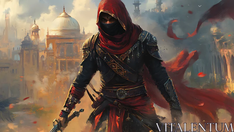 Hooded armed figure in red garments before hazy cityscape.