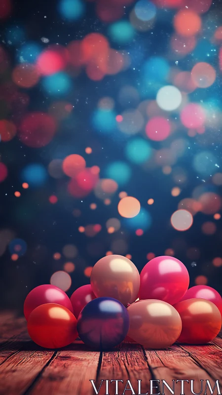 Colorful latex balloons on wood with defocused bokeh lights