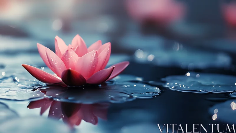 Pink lotus flower on reflective water surface at dusk.