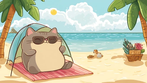 Feline Beach Character Under Pop-Up Tent with Sunglasses on Sandy Shoreline