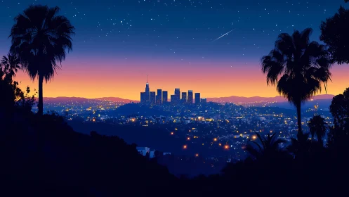 Starlit city glow beneath palms at electric sunset horizon.