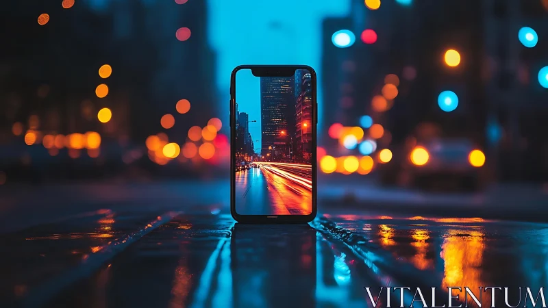 Neon city streaks pouring through a phone-shaped portal.