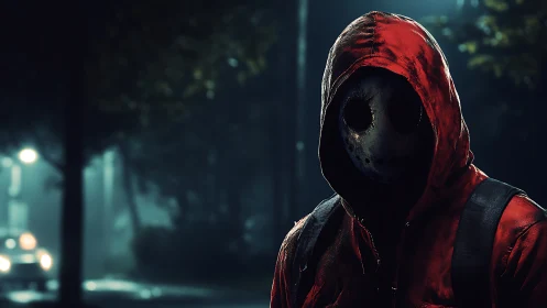 Masked figure in red hoodie stalks a foggy suburban street