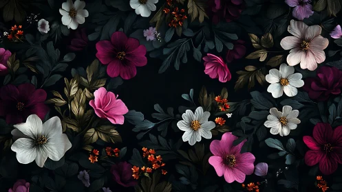 Botanical Dark Floral: Layered Blooms Against Deep Background.