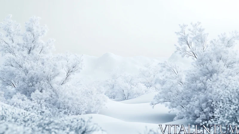Silent winter grove lies under soft, powdery snowfall