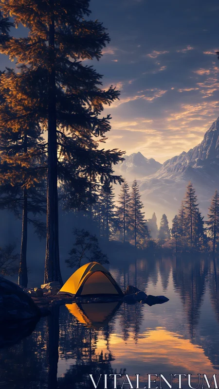 Cozy lakeside tent glows softly beneath peaceful dusk sky.