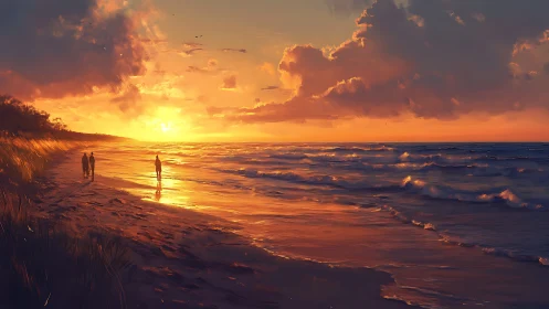 Sunset light over waves and distant beach walkers.