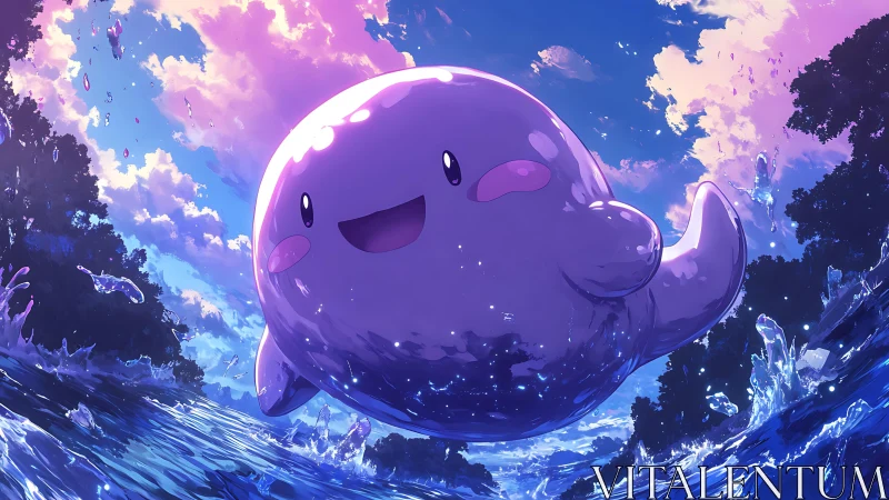 Joyful purple sea creature soars above sparkling sunset waves