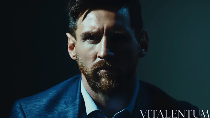 Moody low key portrait of bearded man in suit jacket.