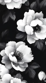 Black and white floral composition with blooming peonies.