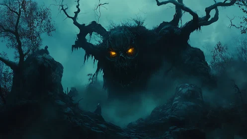 Nocturnal forest colossus with blazing eyes, cinematic digital painting.