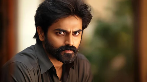 Warm portrait of a bearded man with soulful, intense gaze.