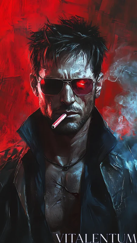 Male figure in leather jacket with cigarette and red backdrop.