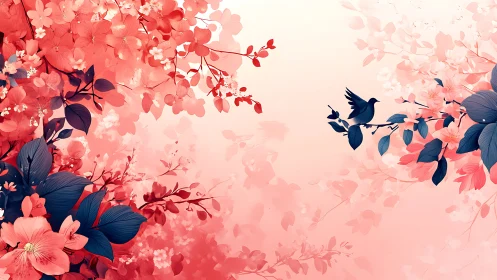 Coral Blossoms with Navy Birds in Gradient Dreamscape.