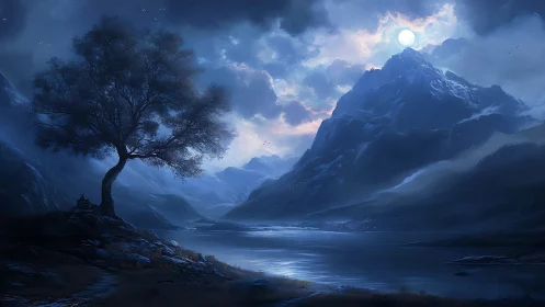 Moonlit mountain lake and solitary tree in quiet blue dusk.