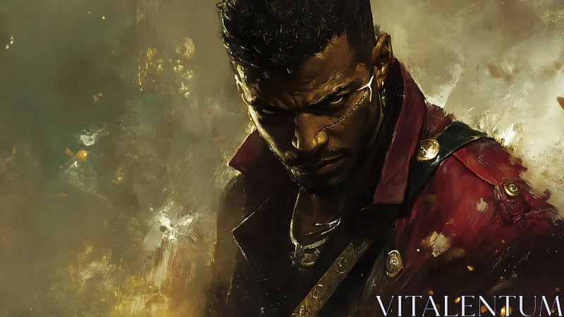 Male figure in red jacket against abstract textured backdrop.