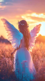Gentle winged girl glowing softly in a pastel sunset field.
