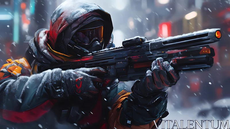 Hooded futuristic soldier aiming rifle in snowy city street
