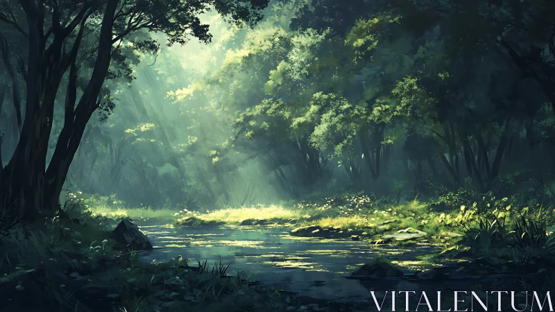 Enchanted Forest Stream: Cathedral Light Rendering with Volumetric Atmosphere