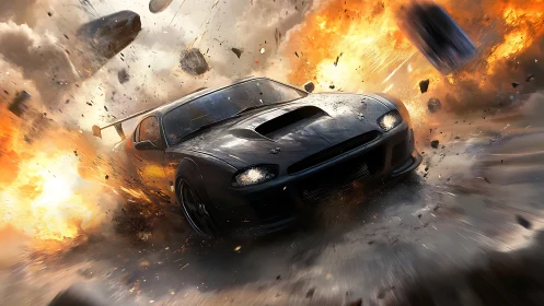 Armored sports car bursts through explosive debris cloud at speed
