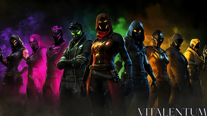 Hooded neon warriors stand aligned in multicolored smoke