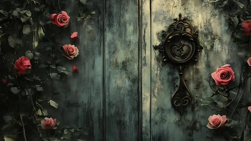 Weathered teal door with ornate handle framed by pink roses