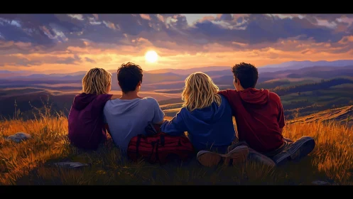 Backlit hikers watch sunset over layered mountain ranges