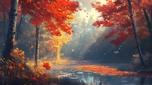 Forest river in autumn with red maple trees and falling leaves