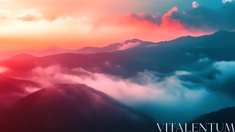 Iridescent alpine ridgeline under stratified mist at civil dawn.