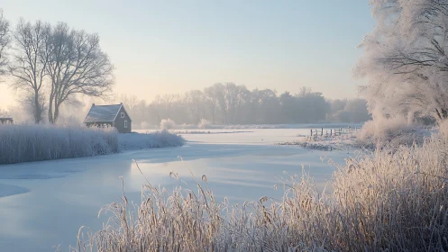 Frozen rural river landscape with frosted trees and cabin.