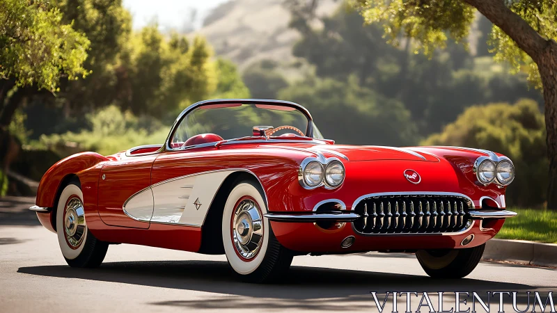 Classic red convertible sports car parked on sunny street.
