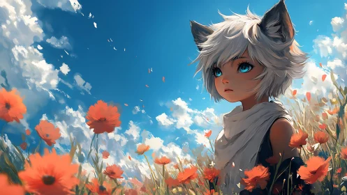 Fox-eared child in poppy field under vivid azure sky.