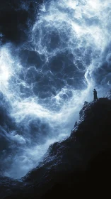 Solitary figure near turbulent illuminated cloud mass.