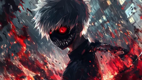 Crimson-eyed wraith walks calmly through collapsing flames