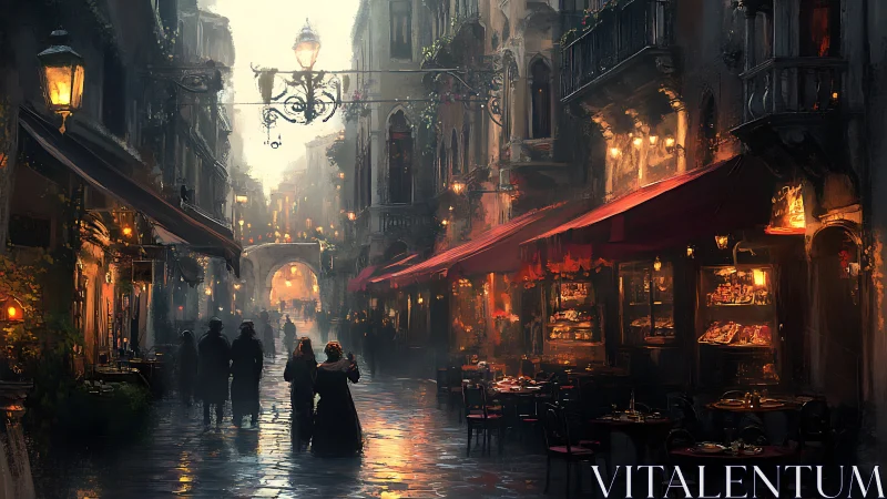 Rain-slicked European alleyway with warm storefront bokeh lighting