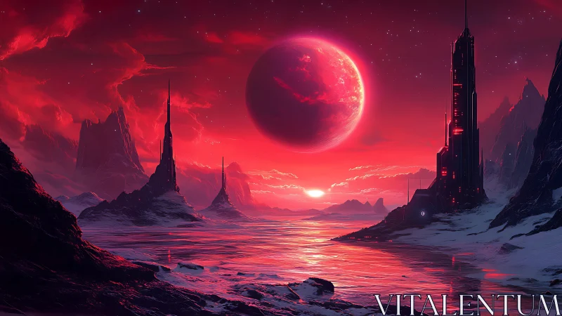 Crimson moonrise over needle spires on a frozen alien sea.