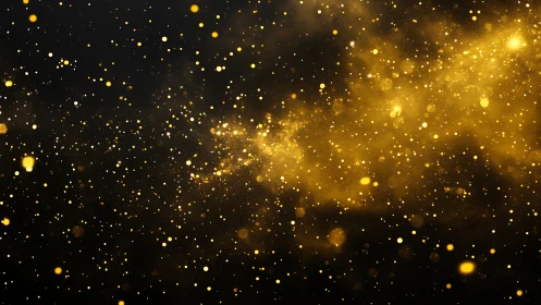 Gold particle field on black background with scattered glow.