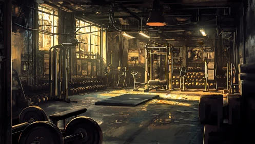 Industrial-style weight training gym interior at sunset.