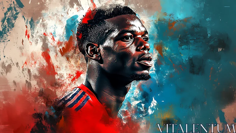 Paint-splashed striker gazes forward through blazing color storm