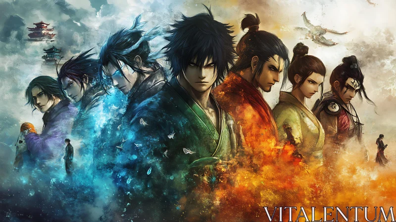 Samurai elemental warriors aligned in bilateral chromatic tension