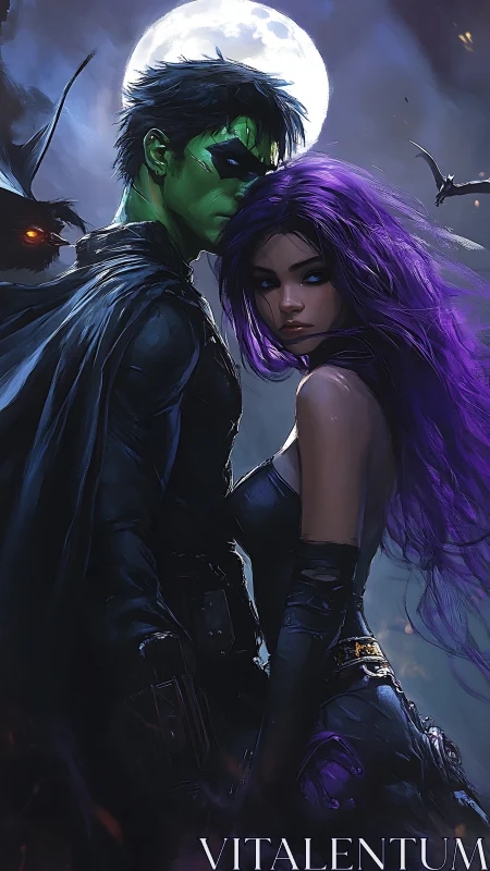 Masked green-skinned hero with purple-haired partner at night.