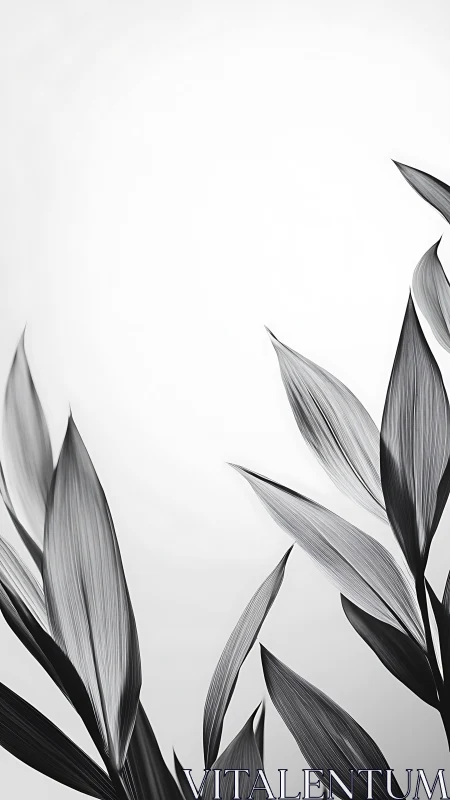 Monochrome close-up of long slender leaves on white field.