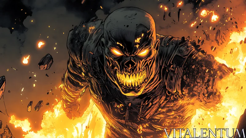 Fiery skeletal warrior storms forward through exploding flames