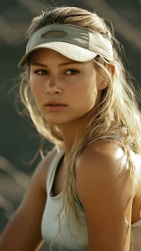 Young woman in sports visor under soft outdoor light.