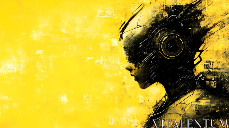 Side-profile cybernetic android rendered against distressed yellow field